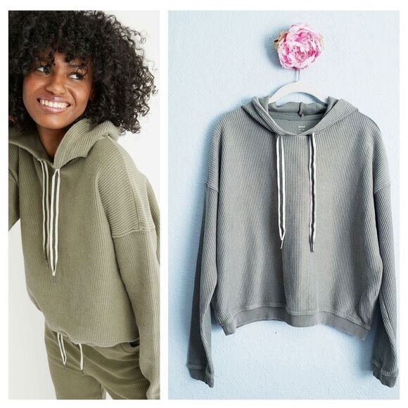 Aerie New Love Green Ribbed Hoodie - Picture 1 of 7